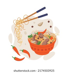 Noodles in Bowl with Meat and Pepper as Wok Ingredients and Asian Food Vector Composition