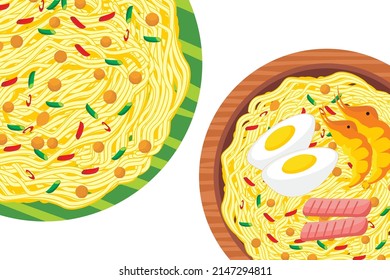 Noodles. Bowl noodles. Noodle food with egg topping, sausage on top
