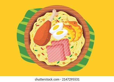 Noodles. Bowl noodles. Noodle food with egg, sausage and fried chicken topping on it