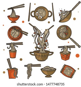 Noodles in bowl or pack, Chinese food, eggs and garlic or tomato isolated dishes vector. Lunch or main course, homemade food and nutrition, cooking ingredients. Chopstick or wok meal, China cuisine