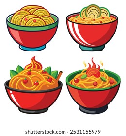 Noodles bowl set vector and illustration