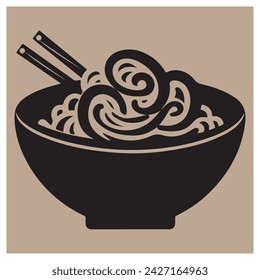 Fideos Tazón Silueta Vector Clipart, Ramen Fideos Alimento Icono Tazón, Comida Asiática Plana Logo, Tazón De Fideos Negro Ilustración De Silueta, Aislado En El Fondo