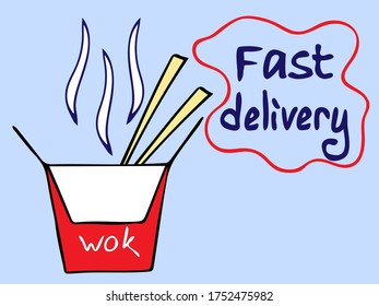 Noodles in a box, Asian takeaway icon. Fast Delivery Advertising. Delivery of oriental cuisine. Hand drawn image on a piece of paper. Blue letters, outline sketch style. Doodle style image.