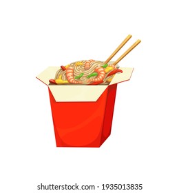 Caja de fideos, menú de comida rápida comidas asiáticas chinas, icono vectorial aislado. Restaurante de comida rápida o comida callejera de bistró asiático entrega y comida para llevar, fideos chinos con gambas de marisco y palillos