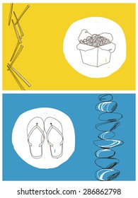 Noodles in the box, and flip flops with tower of stones.