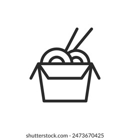 Nudeln in einer Box, lineares Stil-Symbol. Eine Schachtel mit Nudeln und Stäbchen, Essenslieferung und Imbissservice. Bearbeitbare Strichbreite.