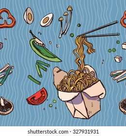 Noodles in a box. Seamless hand-drawn pattern.