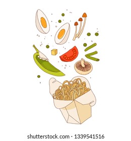 Noodles in a box. Vector hand-drawn sketch.