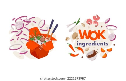 Noodles in Carton Box with Chopsticks and Sliced Onion and Wok Ingredients and Asian Food Vector Composition Set