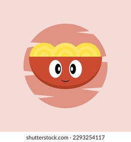 Noodles cartoon in bowl on red background. Food themed cartoon.