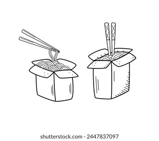 Noodles with chopsticks in a box, doodle icon. Vector illustration of Chinese food, udon. Isolated on white.