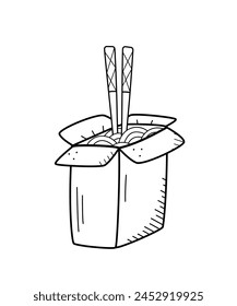 Noodles with chopsticks in a box, doodle icon. Vector illustration of Chinese food, udon. Isolated on white.