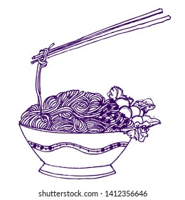 noodles with chopsticks, doodle sketch