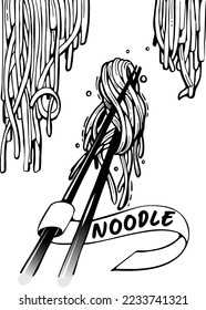 Noodles and chopsticks sketch. Asian food. Japanese, Chinese, Korean cuisine. Hand drawn vector illustration.