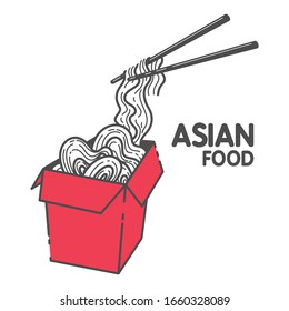 Noodles And Chopsticks. Traditional Asian Food. Chinese, Japanese Cuisine. Fast Food Takeout In A Box. Minimalistic Flat Design.