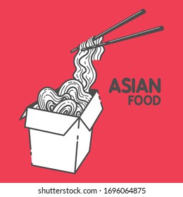 Noodles with chopsticks. Traditional asian food. Chinese, Japanese cuisine. Fast food takeout in a box. Minimalistic flat design. Isolated cartoon illustration on red background