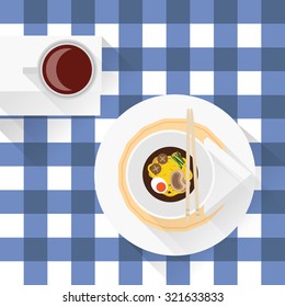 Noodles and coffee on table vector
