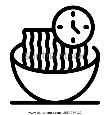 Noodles cooking inside bowl with clock showing cooking time, quick and easy meal preparation