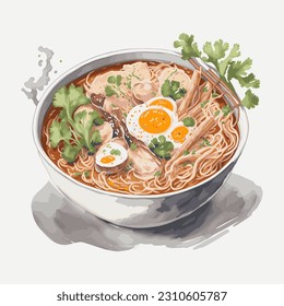 The noodles delight, ramen a noodle soup in watercolour illustration