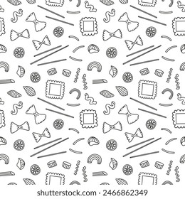 Noodles of different kind Pasta in seamless pattern hand drawn vector illustration. Repeating background with wheat flour products. Macaroni, lasagne, rigatoni, Italian food. For paper, print, label