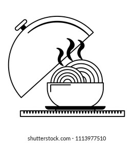 Noodles in dish dome in black and white