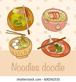 Noodles doodle vector on color background