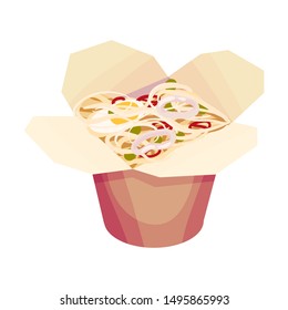 Noodles with egg and seafood. Vector illustration on a white background.