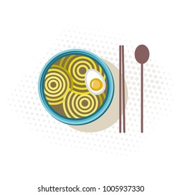 Noodles with egg top view. Korean ramen, chopsticks and spoon on halftone background. Isolated on white background line art style illustration.