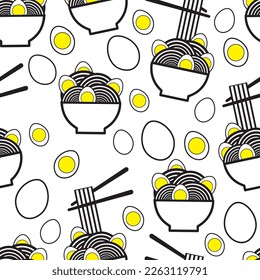 Noodles with egg, vector drawing. Asian food.Pattern light background