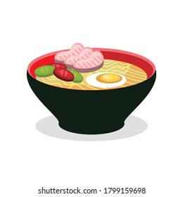 Noodles with Eggs Vegetables and Sliced Meat Flat Icon Illustration Isolated in White