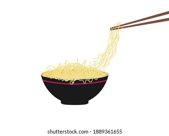Noodles with flying chopsticks. Noodles product on white background isolated design. Asian fast food meal. Vector illustration