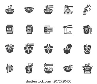 Noodles food vector icons set, modern solid symbol collection, filled style pictogram pack. Signs, logo illustration. Set includes icons as ramen soup, chinese takeaway food, box chopsticks, wok box