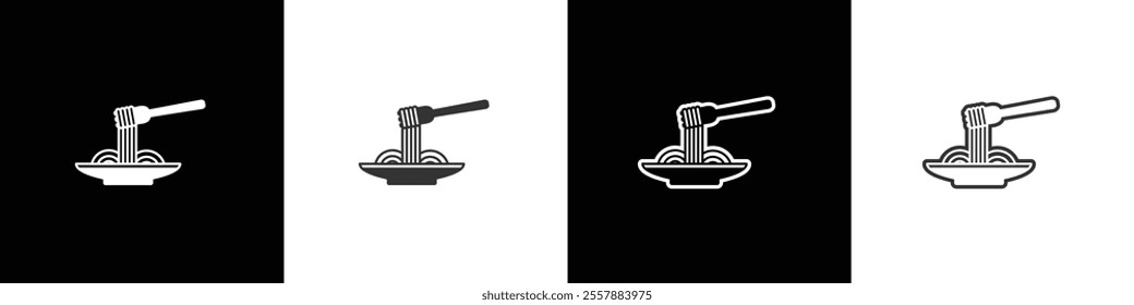 Noodles and fork icon served on a plate. Instant noodle vector graphic. Collection of flat and linear style noodle symbols on black, white and transparent backgrounds. 