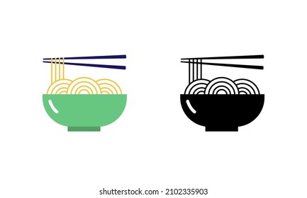 Noodles icon. A bowl of noodles and chopsticks. Chinese and Asian traditional cuisine. Logo illustration. Black solid and color vector icons isolated on white background.