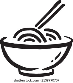 Noodles icon with chopsticks drawn by brush over white background. Vector illustration in cartoon design. Use for logos, icons, posters, graphics.