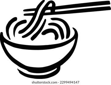 Noodles icon with chopsticks drawn by brush over white background. Vector illustration in cartoon design. Use for logos, icons, posters, graphics.