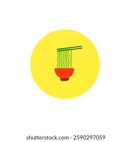 Noodles icon with chopsticks drawn by brush over white background and yellow circles. Vector illustration in cartoon design. Use for logos, icons, posters, graphics.