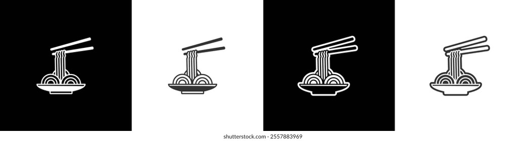 Noodles icon of  and chopsticks served on a plate. Instant noodle vector graphics. Collection of flat and linear style symbols of noodles in black, white and transparent background.