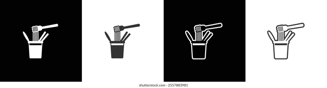 Noodles icon served in a cup. Instant noodle vector graphic. Collection of flat and linear style noodle symbols on black, white and transparent backgrounds.