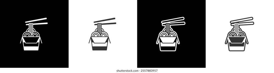 Noodles icon served in a food box. Instant noodle vector graphic. Collection of flat and linear style noodle symbols on black, white and transparent backgrounds. 