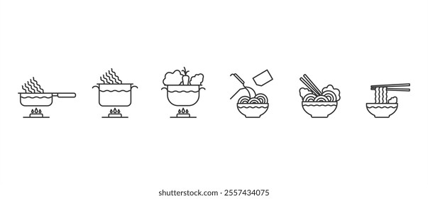 Noodles icon. Vector illustration of making instant noodle, step by step how to cooking instant noodle. Instant noodle making instructions in line icon style. Vector icons in transparent background.