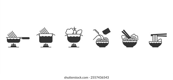 Noodles icon. Vector illustration of making instant noodle, step by step how to cooking instant noodle. Instant noodle making instructions in Flat icon style. Vector icons in transparent background.