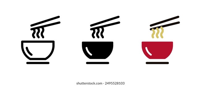 Noodles icon. Wok symbol. Asian food vector illustration. Chinese or Japanese pasta sign. Bowl with chopsticks and noodles pictogram isolated.