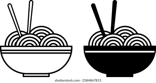 Noodles Icons. Black and White Vector Drawings. Spaghetti in Plate, Chopsticks. Meal Concept