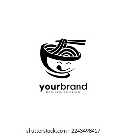 Noodles logo design template. Noodles and chopsticks logo design concept in bowl. Types of food business logos