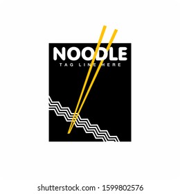 Noodles logo on black background with yellow chopsticks vector 