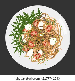 Noodles with a maczarella. Lunch, dinner. Design menu. Color flat vector illustration isolated against a dark background.