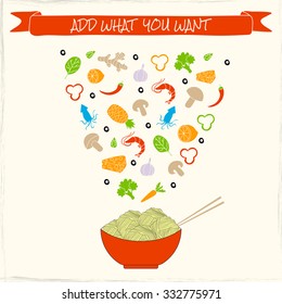 Noodles menu with ingredients (seafood, vegetables and etc.) which customer can choose on own taste with lettering "add what you want".