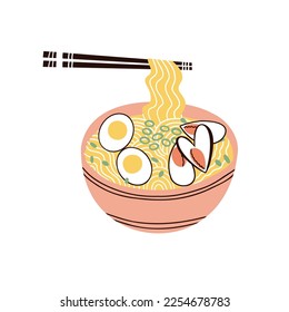 noodles with mussels. hand drawn vector illustration in flat style