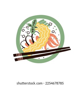 noodles with mussels and squid. hand drawn vector illustration in flat style